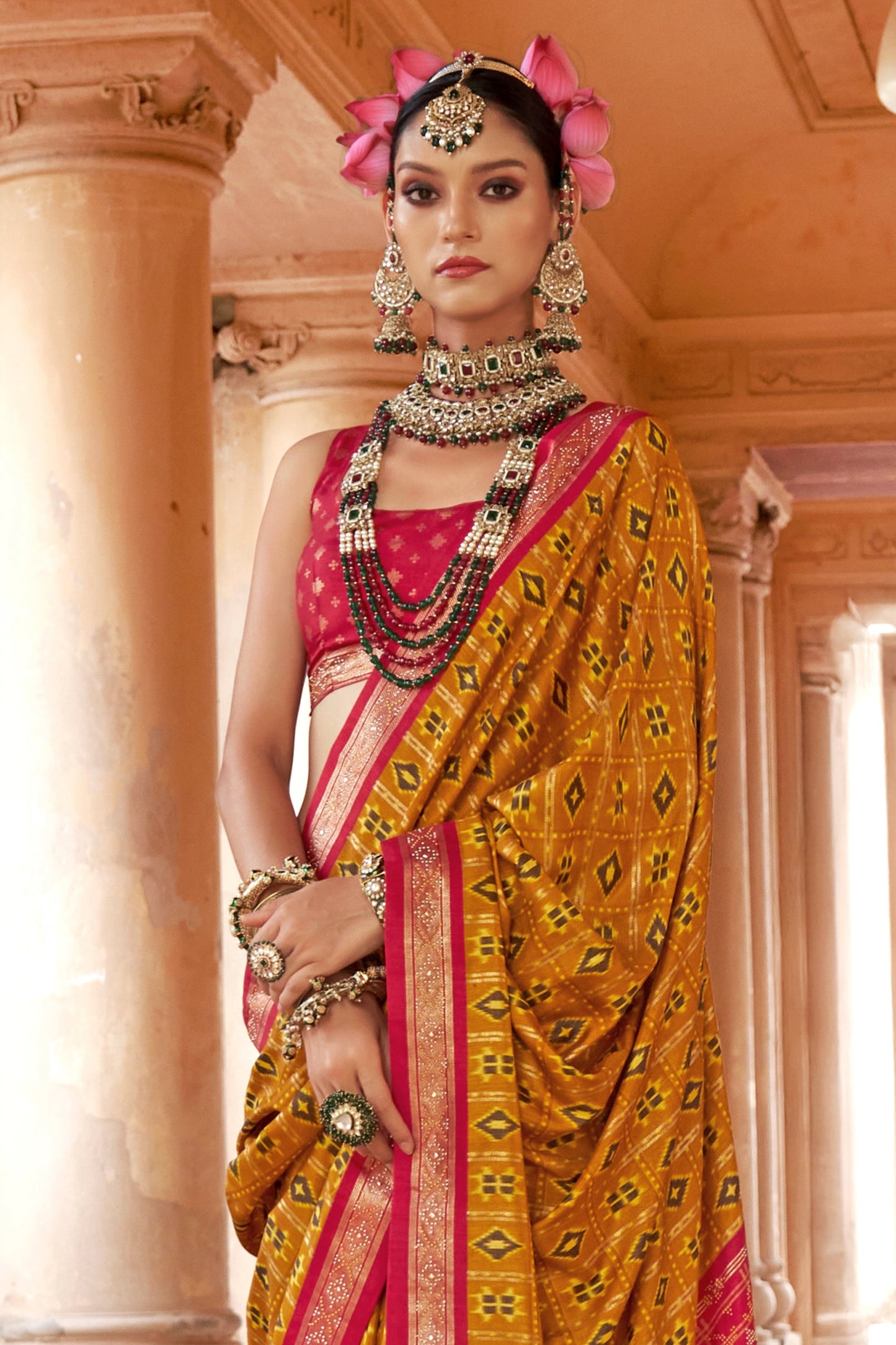 Mustard Yellow Printed Viscose Silk Patola Saree-SAR10161_3_SareeButa.com