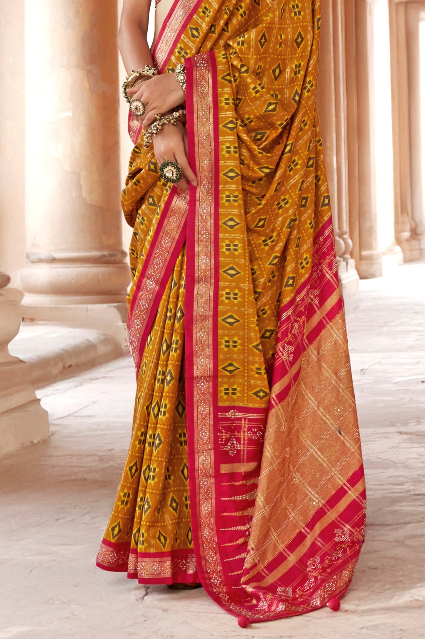 Mustard Yellow Printed Viscose Silk Patola Saree-SAR10161_4_SareeButa.com