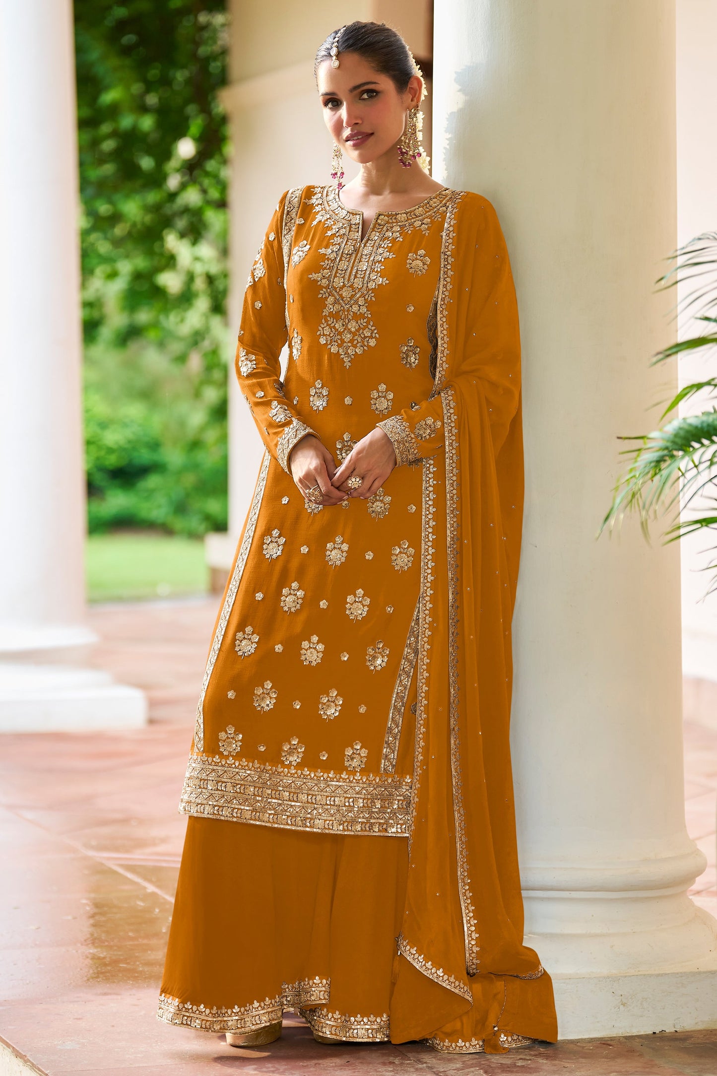 Mustard Yellow Readymade Embroidered Chinon Suit-SAR12135_1_SareeButa.com