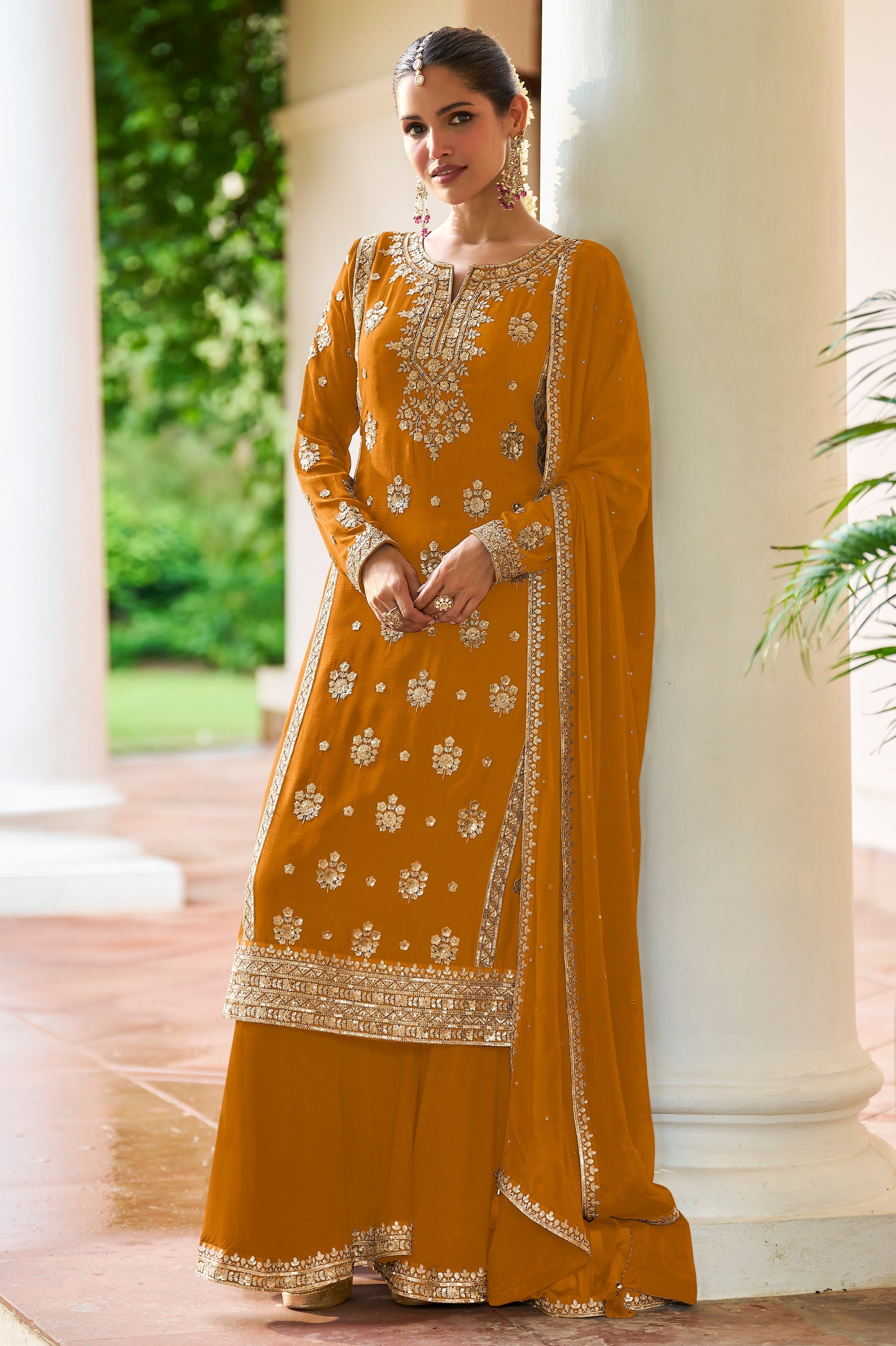 Mustard Yellow Readymade Embroidered Chinon Suit-SAR12135_1_SareeButa.com