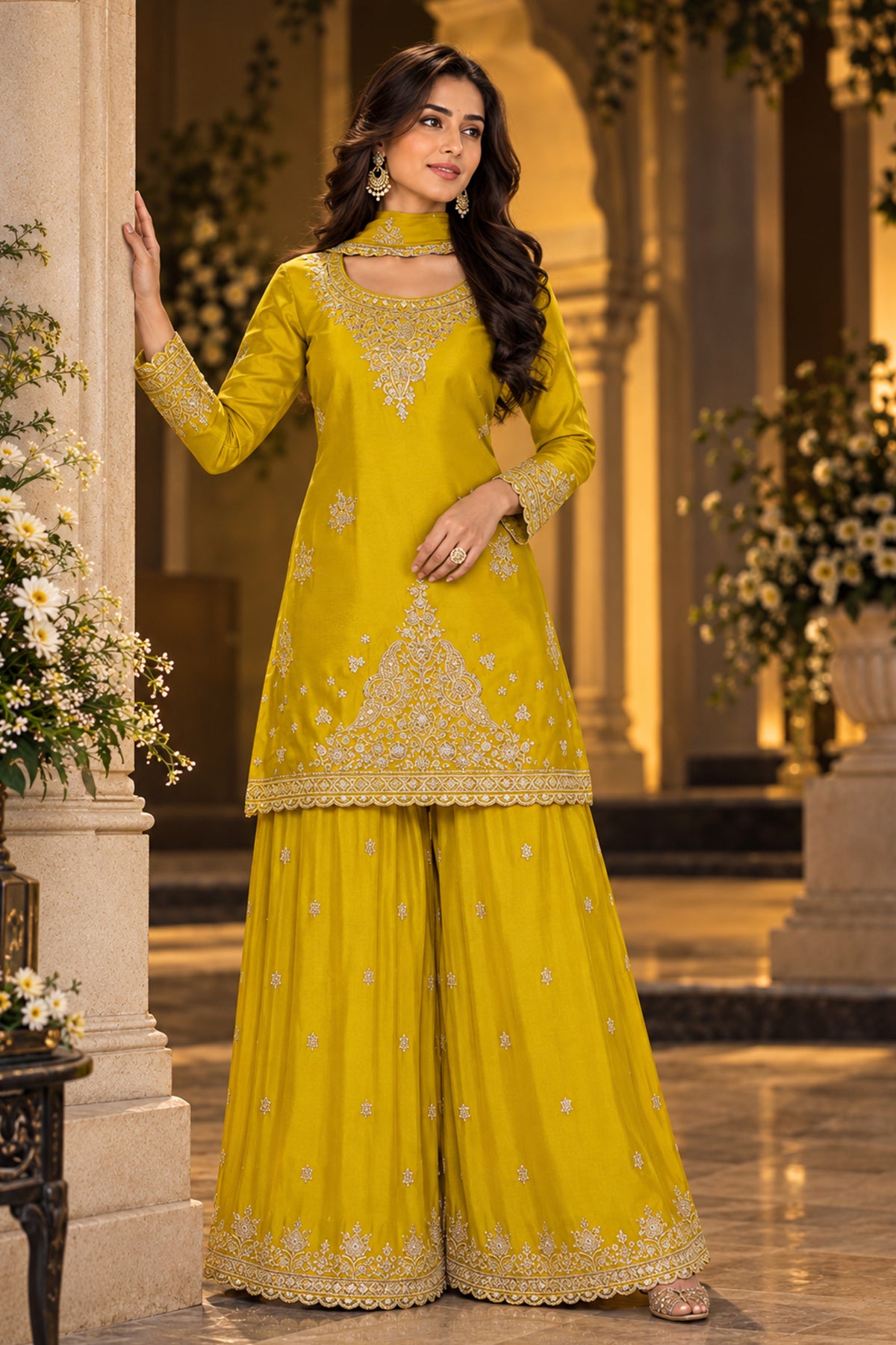 Mustard Yellow Readymade Embroidered Chinon Suit-SAR13555_1_SareeButa.com