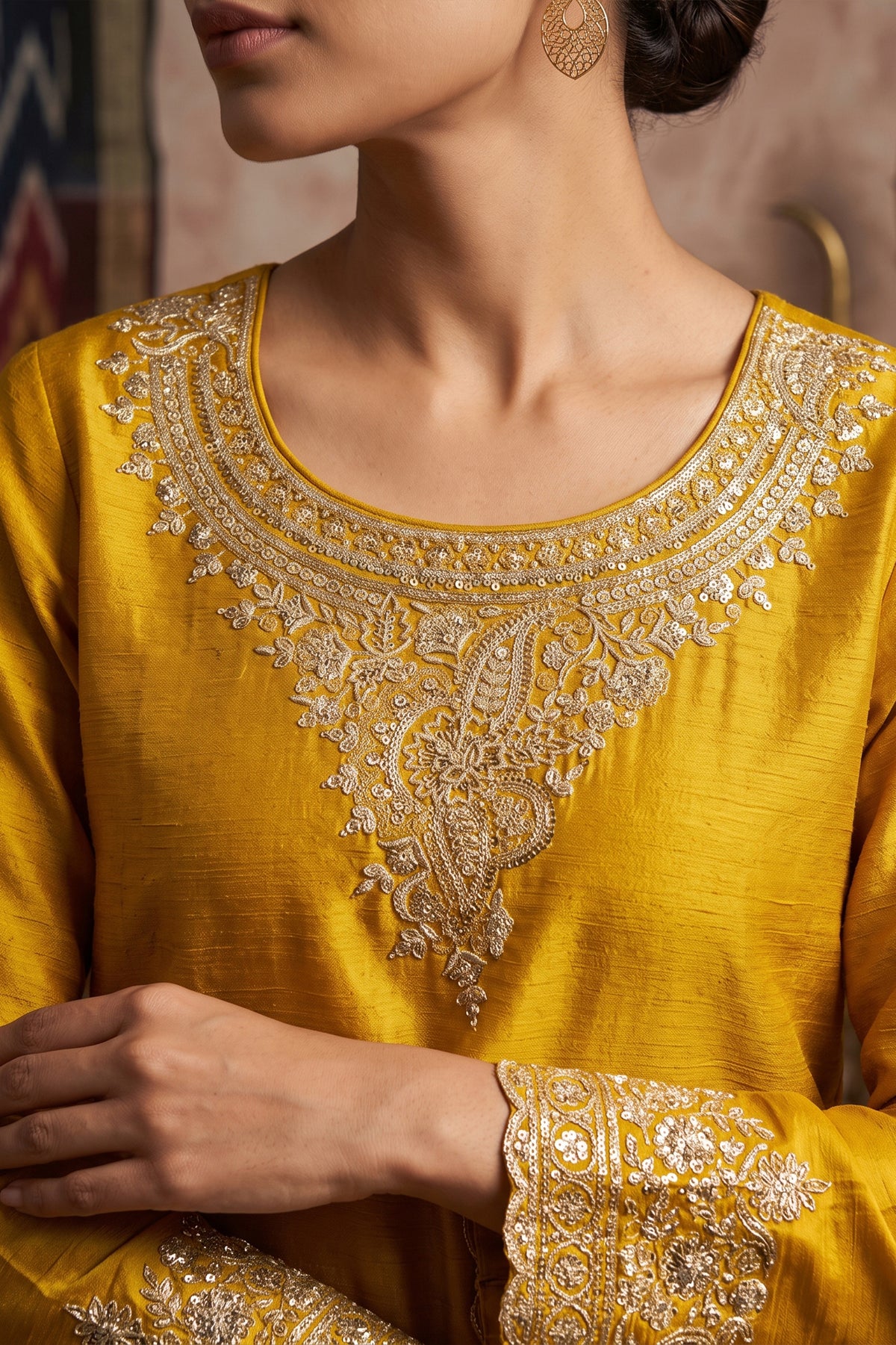 Mustard Yellow Readymade Embroidered Chinon Suit-SAR13555_2_SareeButa.com