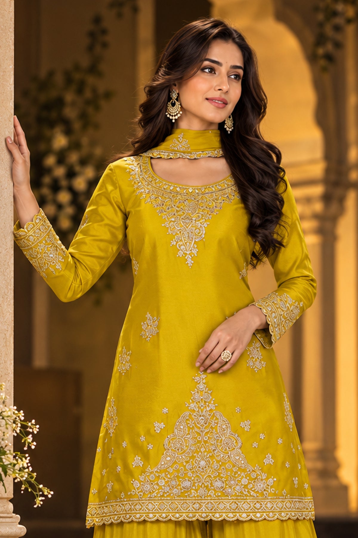 Mustard Yellow Readymade Embroidered Chinon Suit-SAR13555_5_SareeButa.com