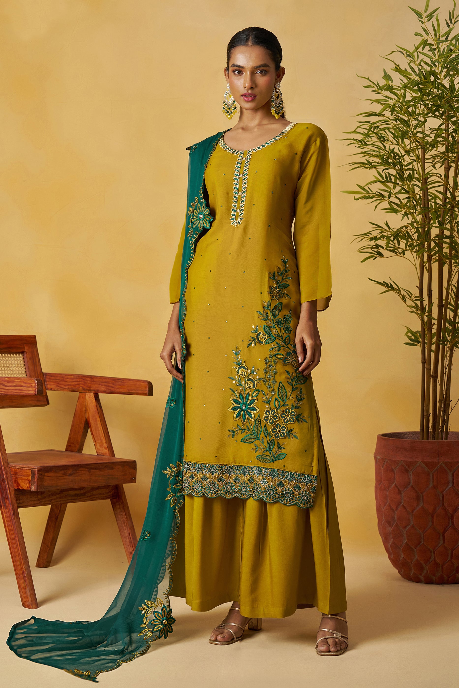 Mustard Yellow Readymade Embroidered Organza Palazzo Suit-SAR10812_1_SareeButa.com