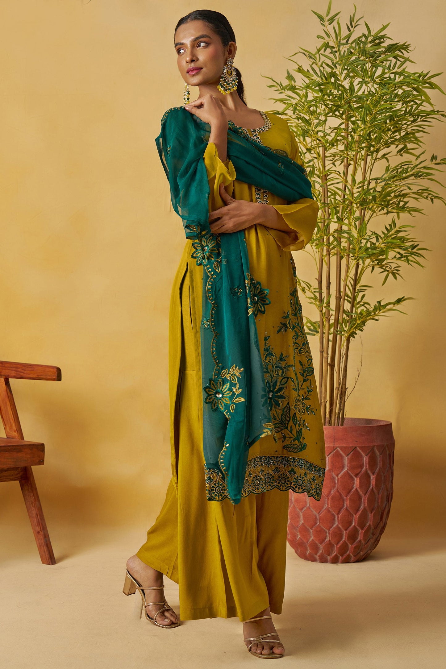 Mustard Yellow Readymade Embroidered Organza Palazzo Suit-SAR10812_2_SareeButa.com