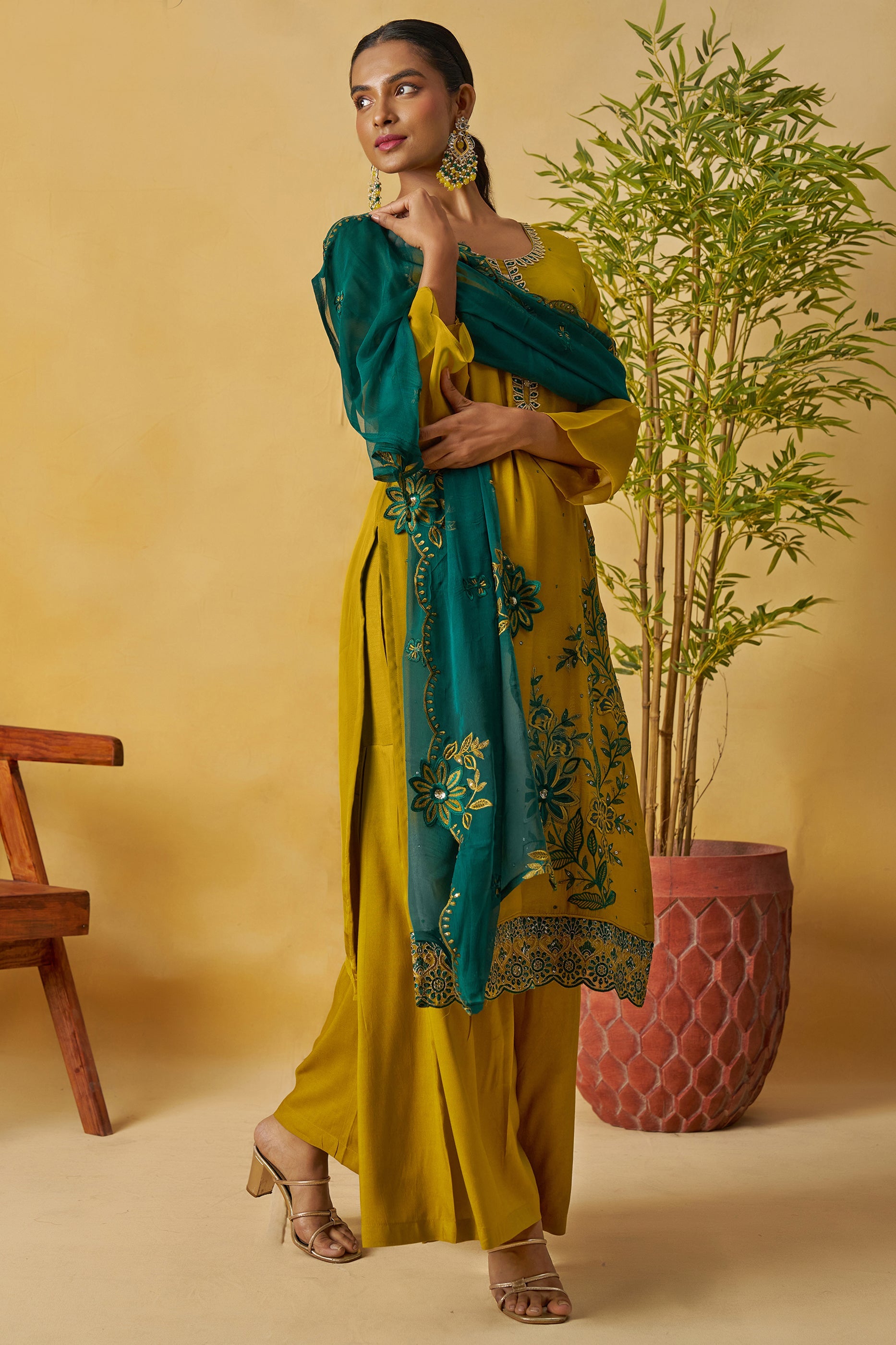 Mustard Yellow Readymade Embroidered Organza Palazzo Suit-SAR10812_2_SareeButa.com