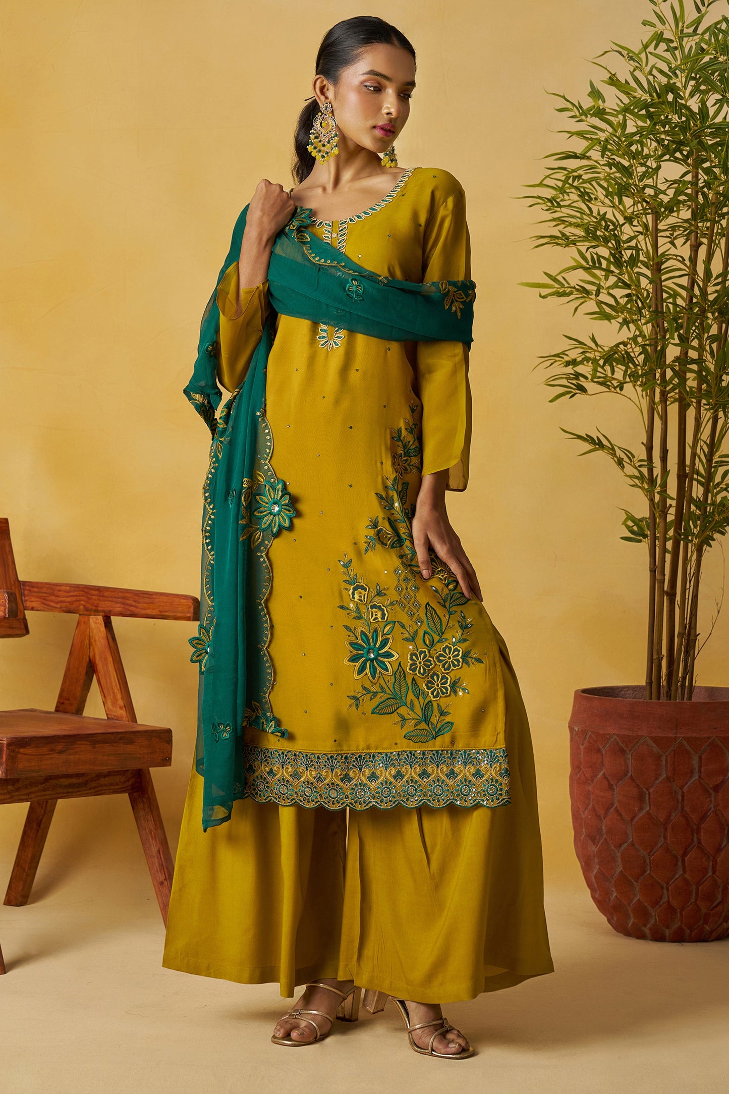 Mustard Yellow Readymade Embroidered Organza Palazzo Suit-SAR10812_3_SareeButa.com