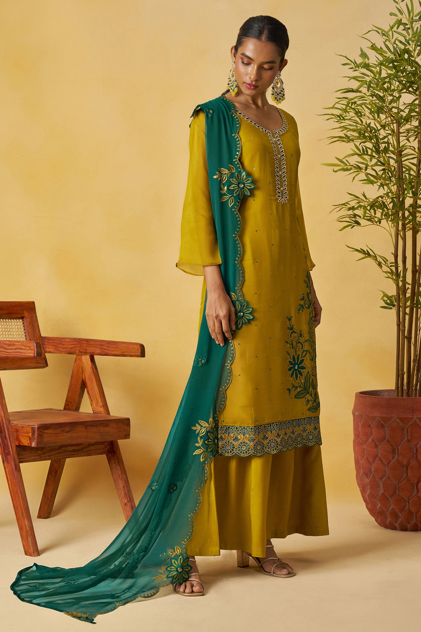 Mustard Yellow Readymade Embroidered Organza Palazzo Suit-SAR10812_4_SareeButa.com