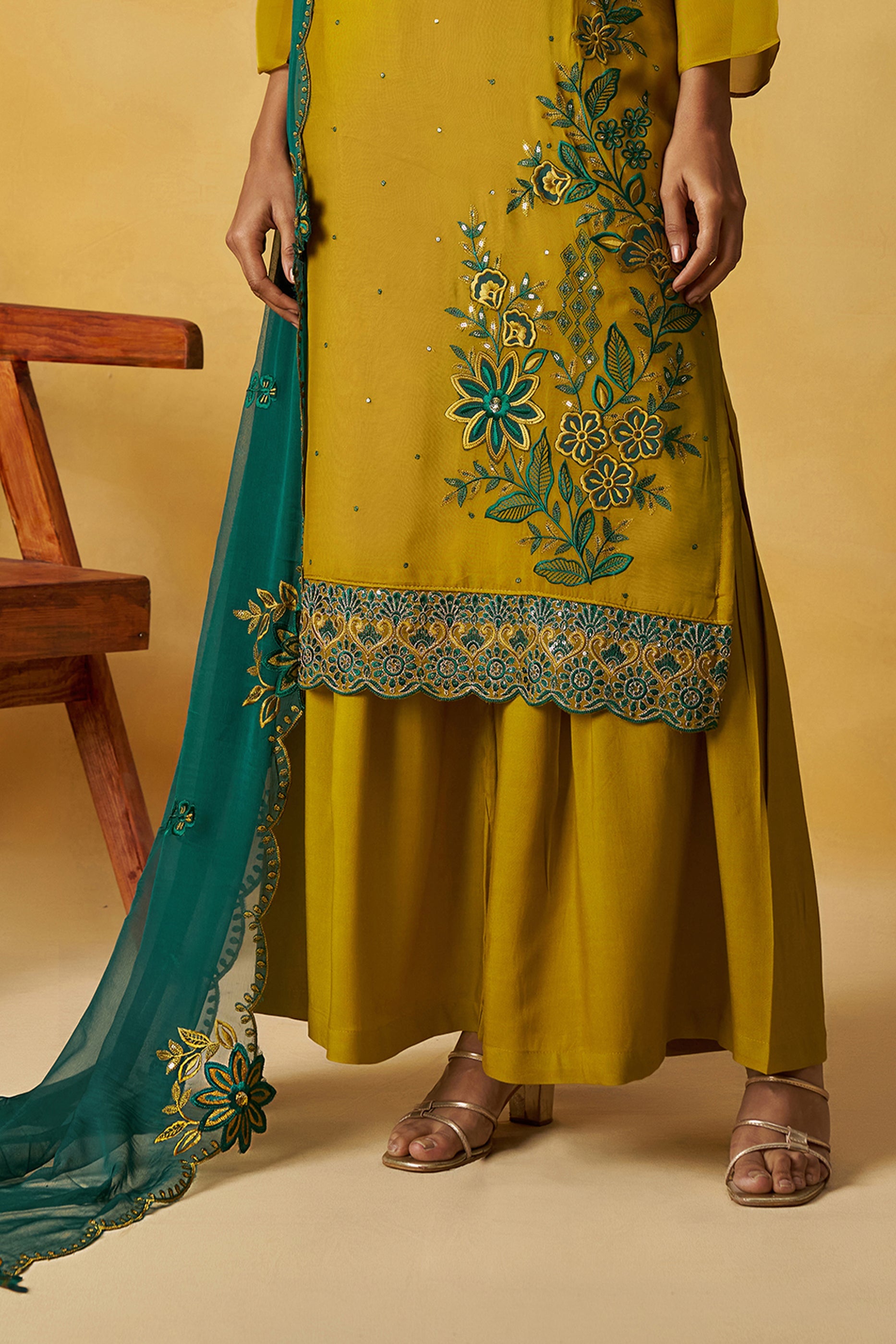Mustard Yellow Readymade Embroidered Organza Palazzo Suit-SAR10812_5_SareeButa.com