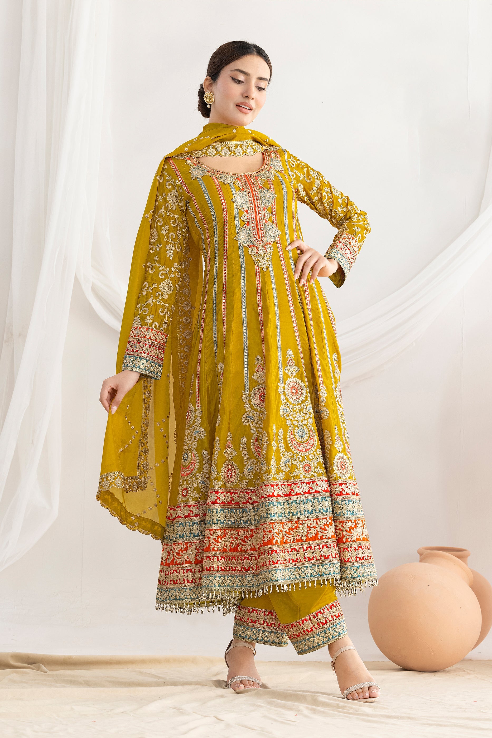 Mustard Yellow Readymade Embroidered Silk Anarkali Suit-SAR11109_3_SareeButa.com
