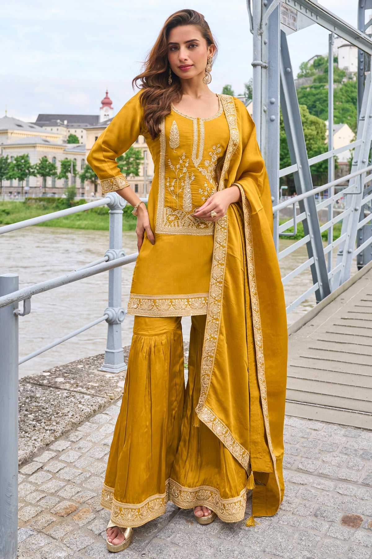 Mustard Yellow Readymade Embroidered Silk Sharara Suit-SAR13388_1_SareeButa.com