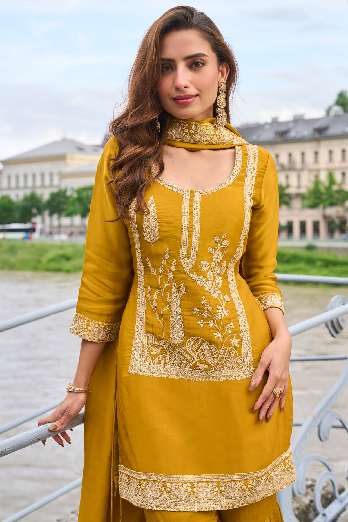 Mustard Yellow Readymade Embroidered Silk Sharara Suit-SAR13388_2_SareeButa.com