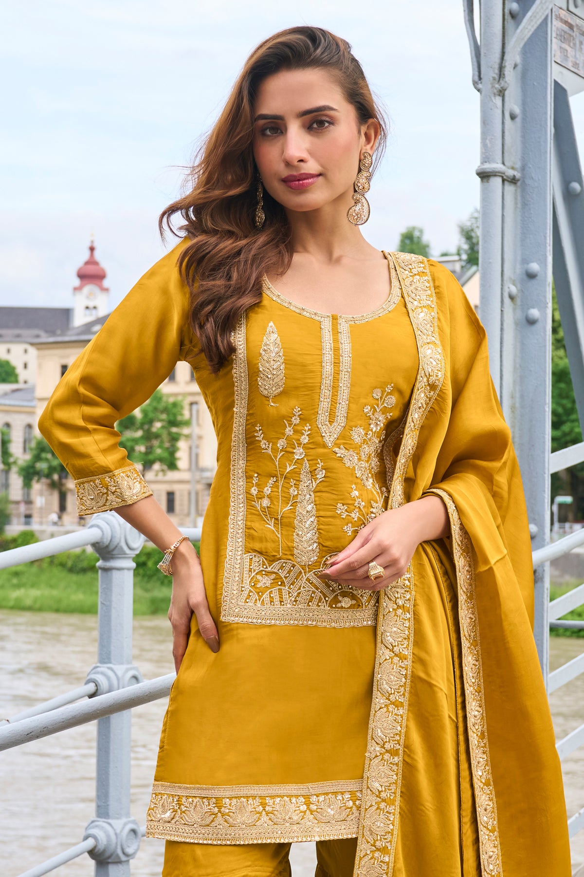 Mustard Yellow Readymade Embroidered Silk Sharara Suit-SAR13388_3_SareeButa.com