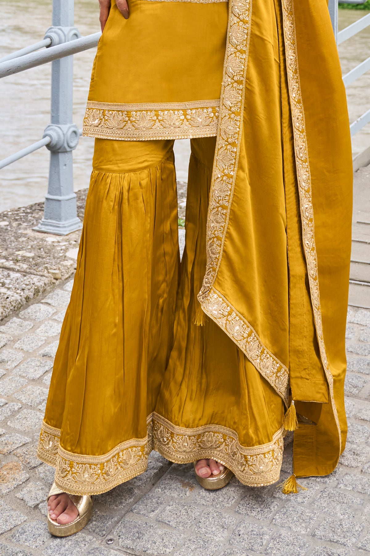 Mustard Yellow Readymade Embroidered Silk Sharara Suit-SAR13388_4_SareeButa.com
