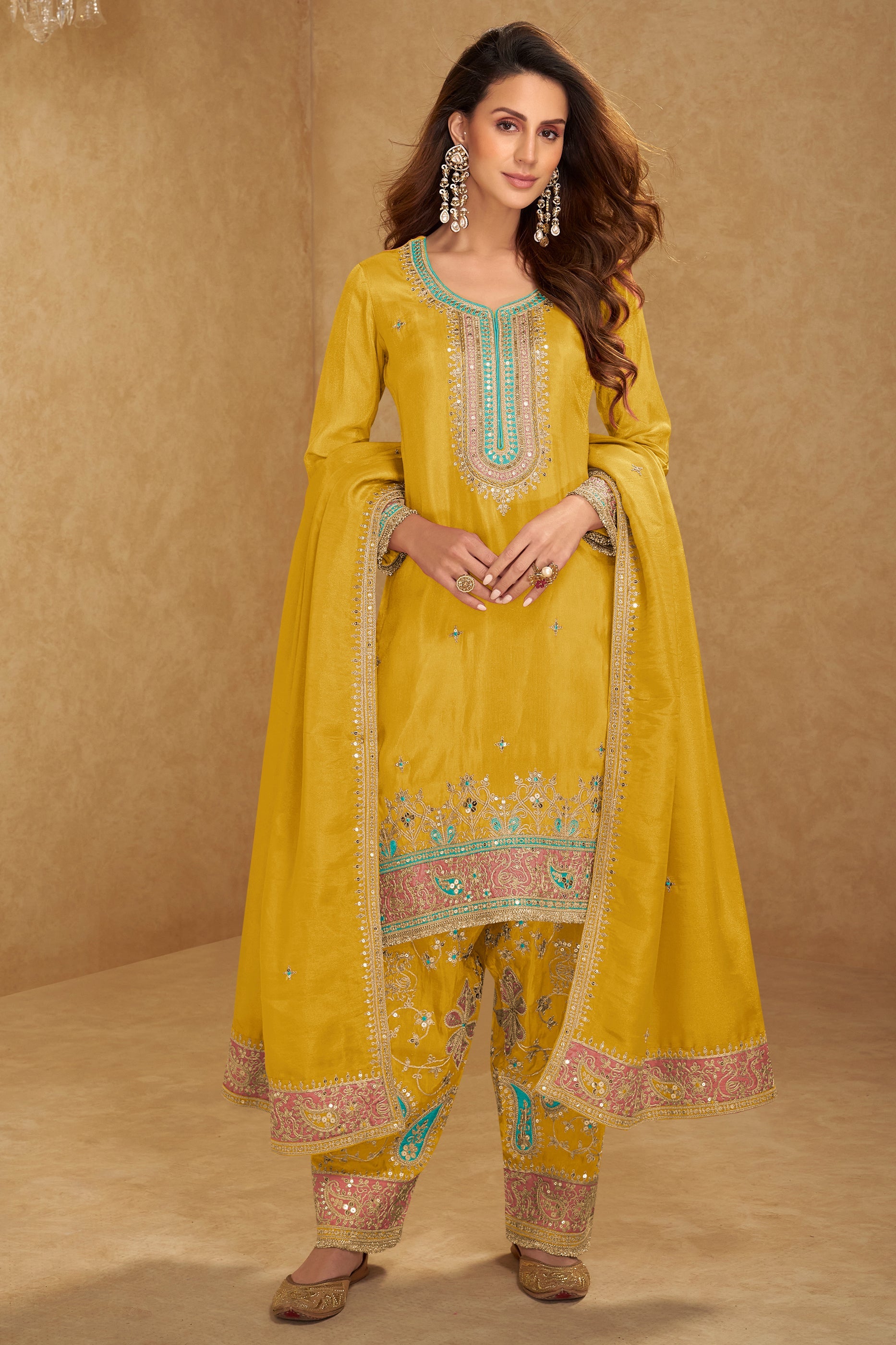 Mustard Yellow Readymade Embroidered Simar Silk Suit-SAR10655_1_SareeButa.com