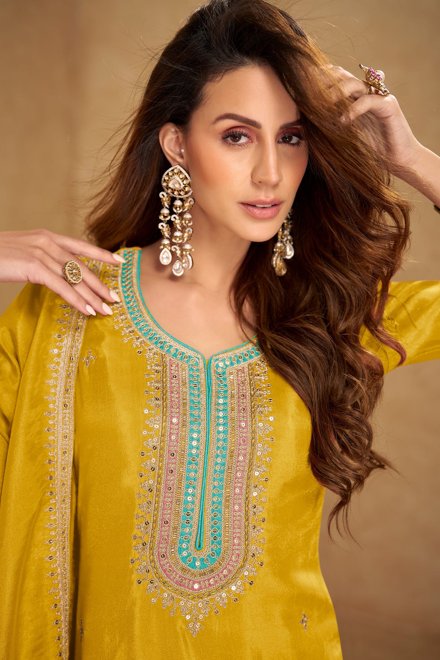 Mustard Yellow Readymade Embroidered Simar Silk Suit-SAR10655_2_SareeButa.com