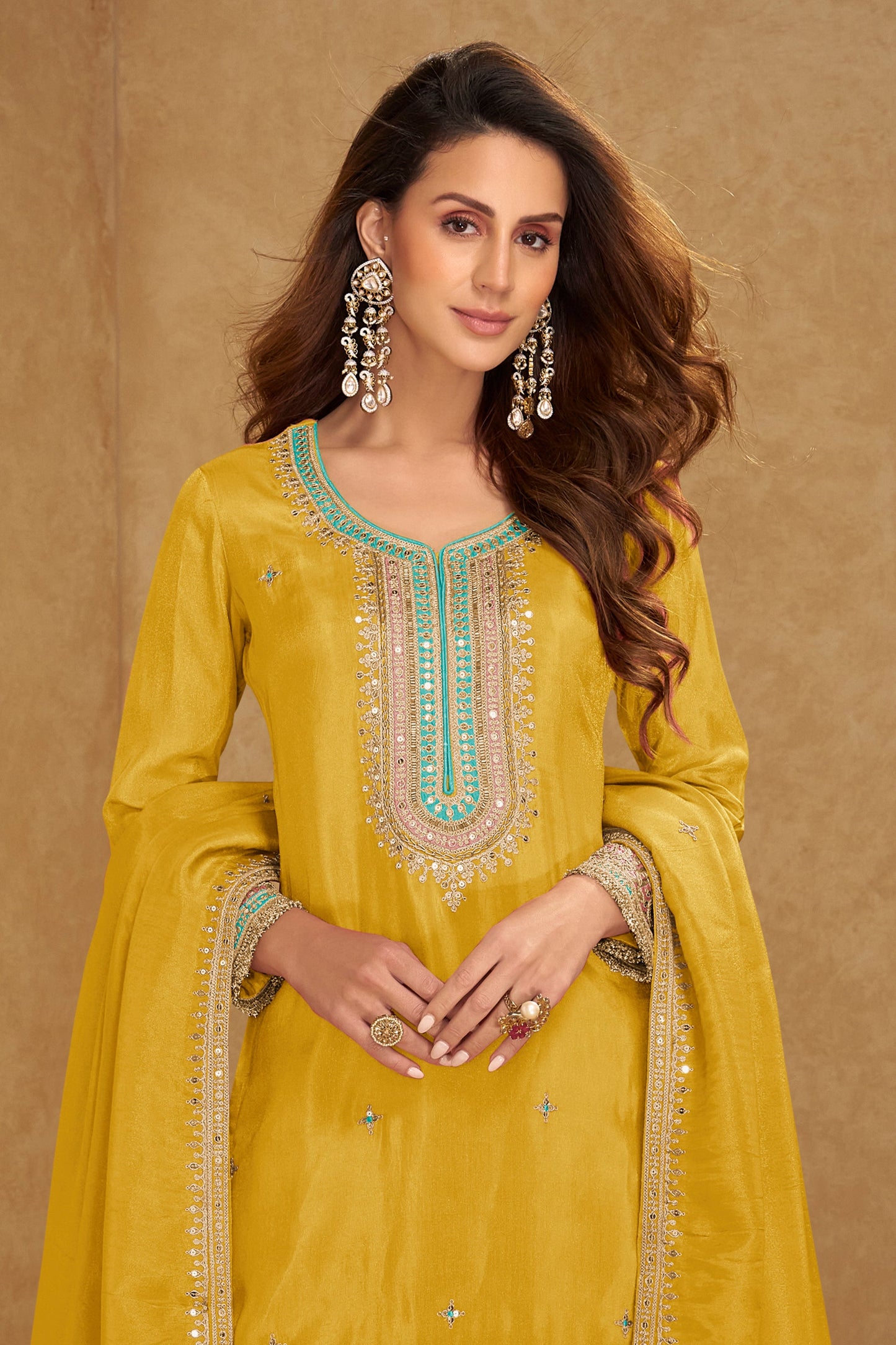 Mustard Yellow Readymade Embroidered Simar Silk Suit-SAR10655_3_SareeButa.com