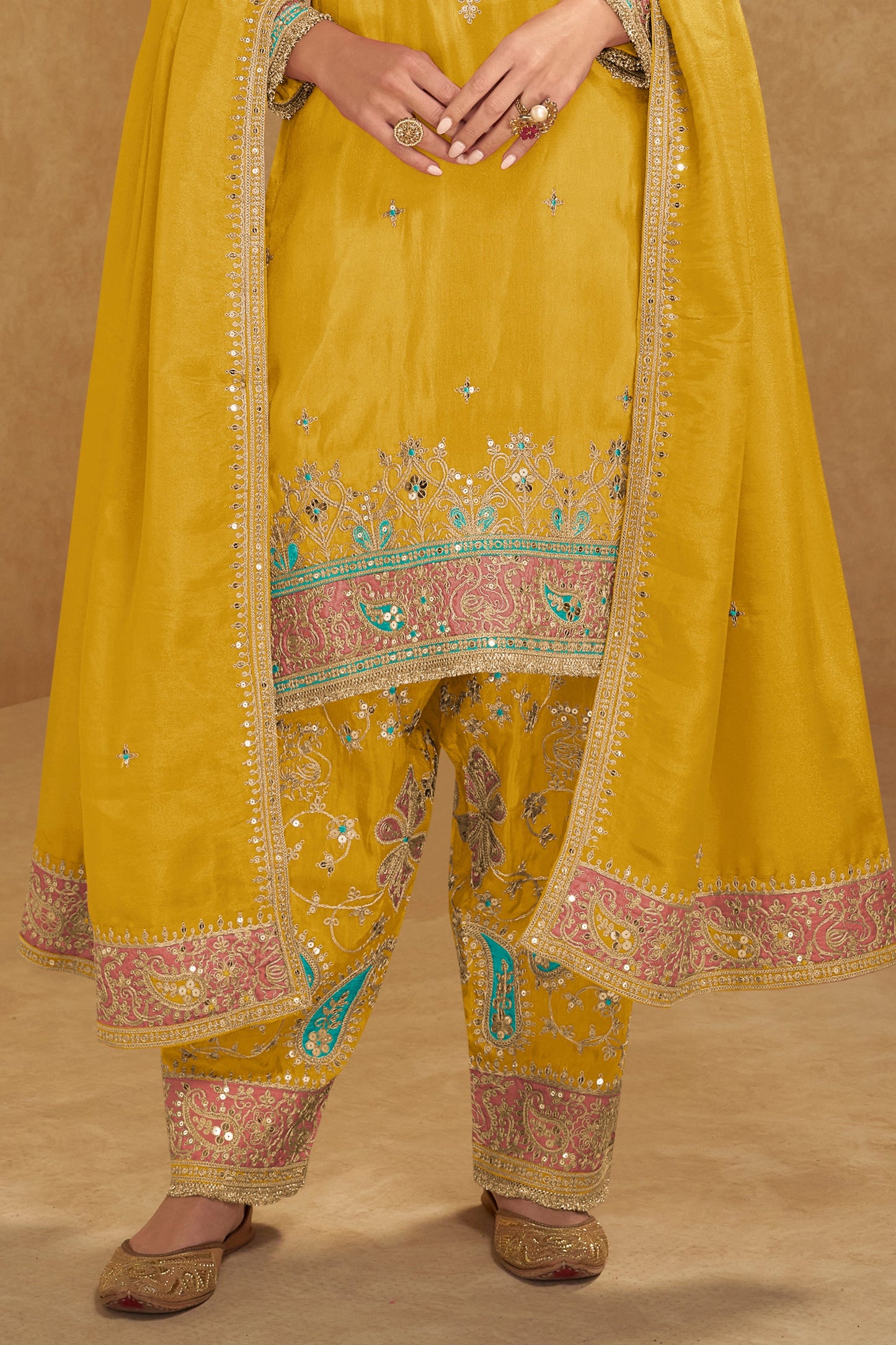 Mustard Yellow Readymade Embroidered Simar Silk Suit-SAR10655_4_SareeButa.com
