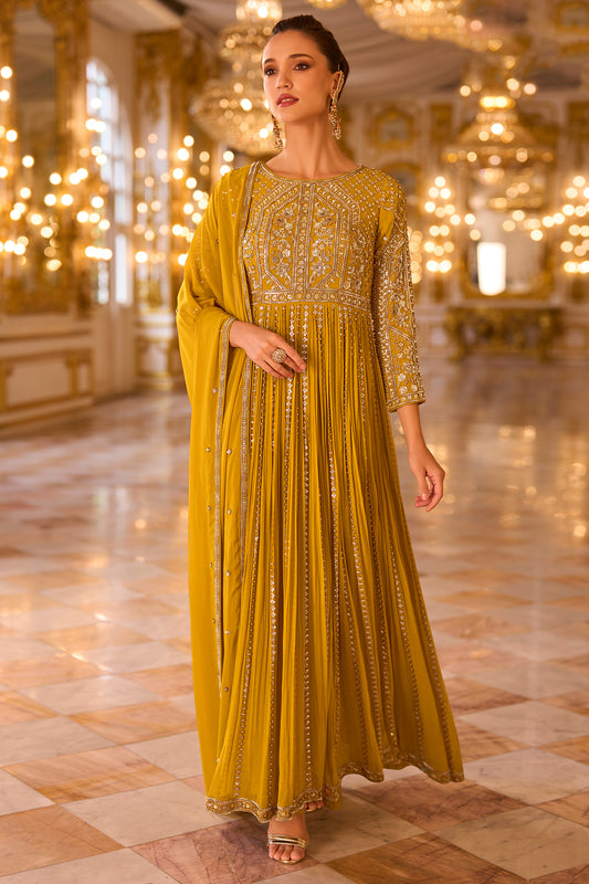 Mustard Yellow Readymade Georgette Gown With Dupatta-SAR13238_1_SareeButa.com