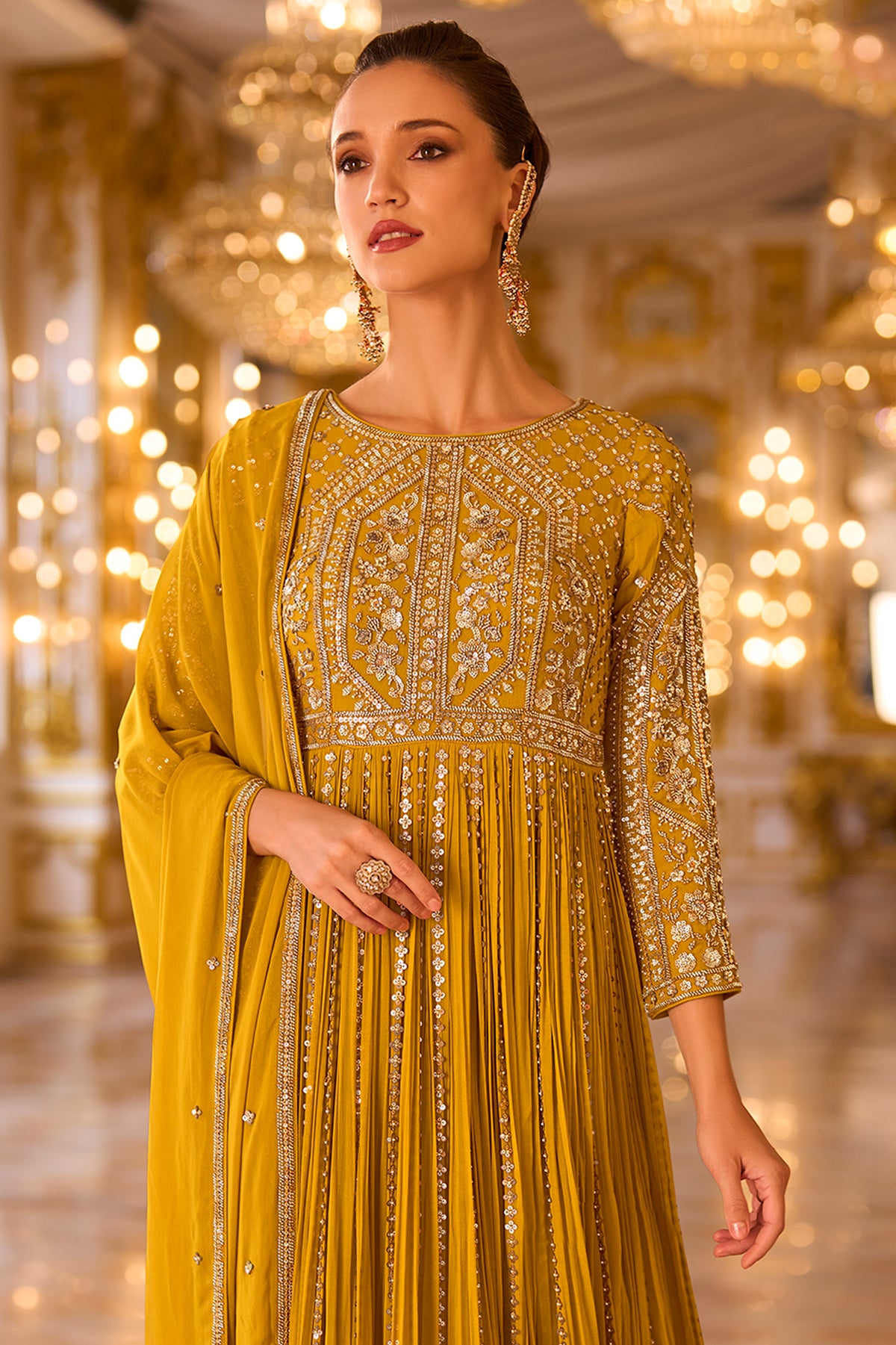 Mustard Yellow Readymade Georgette Gown With Dupatta-SAR13238_3_SareeButa.com