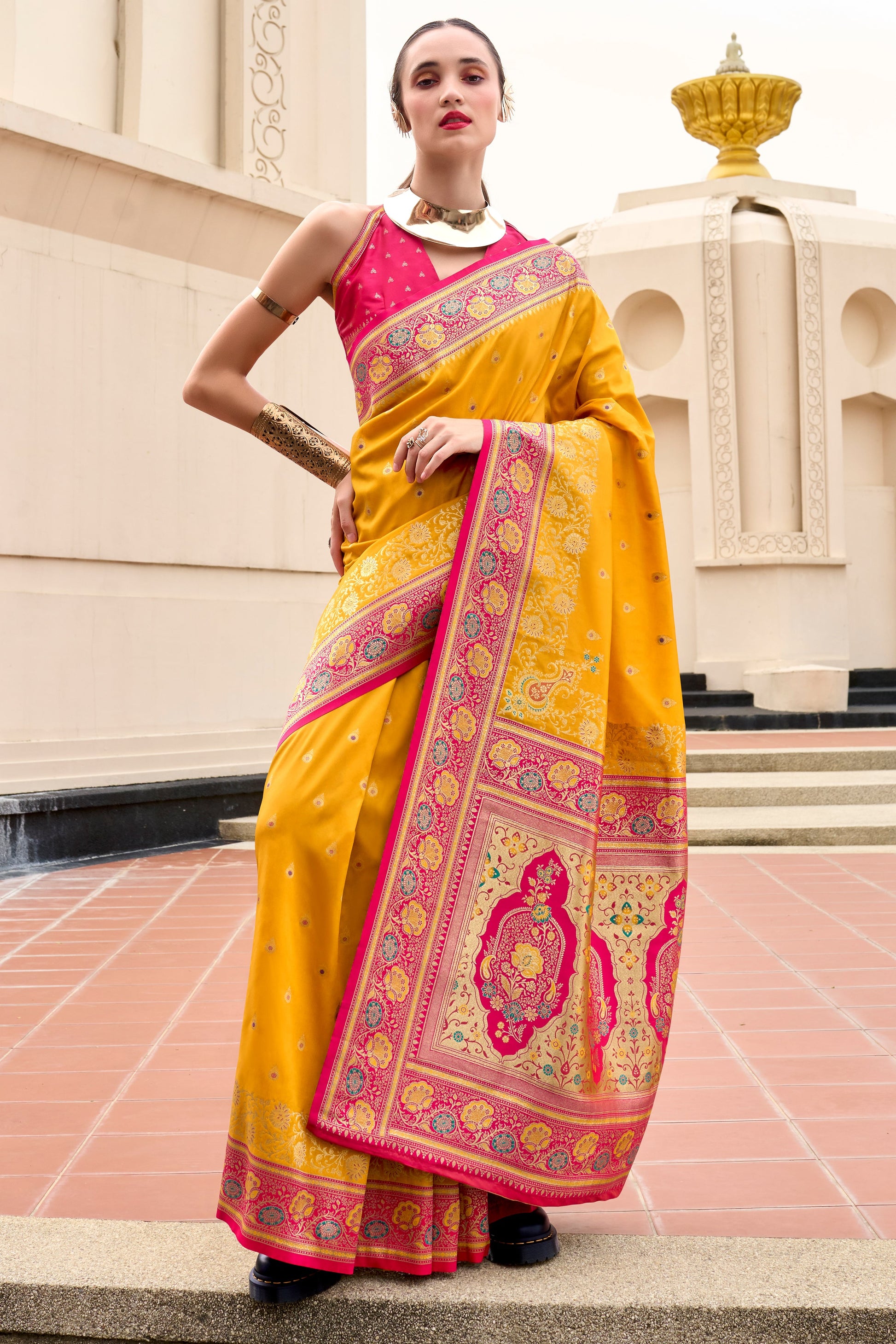 Mustard Yellow Woven Banarasi Saree-ZB134701_1_SareeButa.com