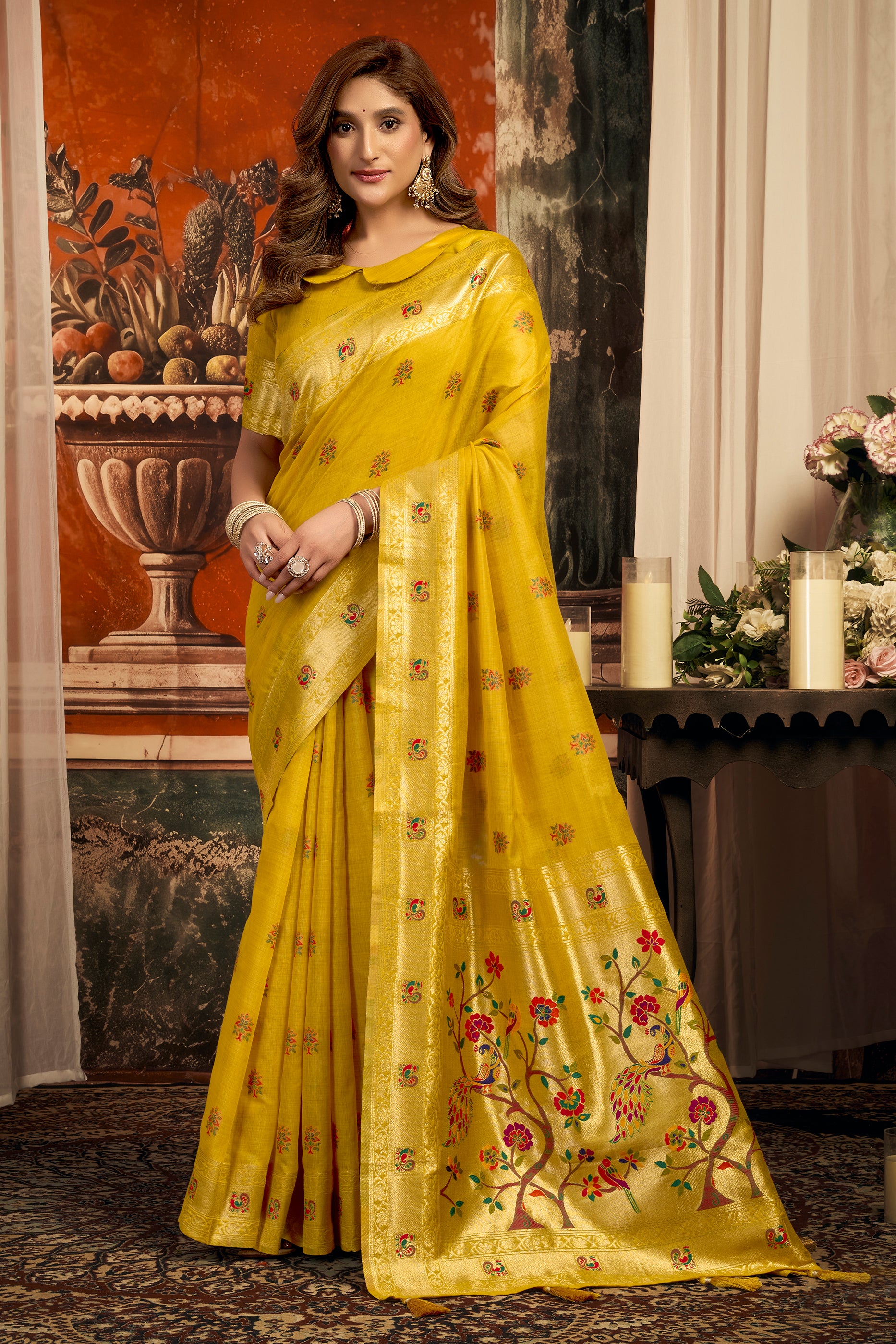 Mustard Yellow Woven Kota Silk Paithani Saree-SAR12742_1_SareeButa.com