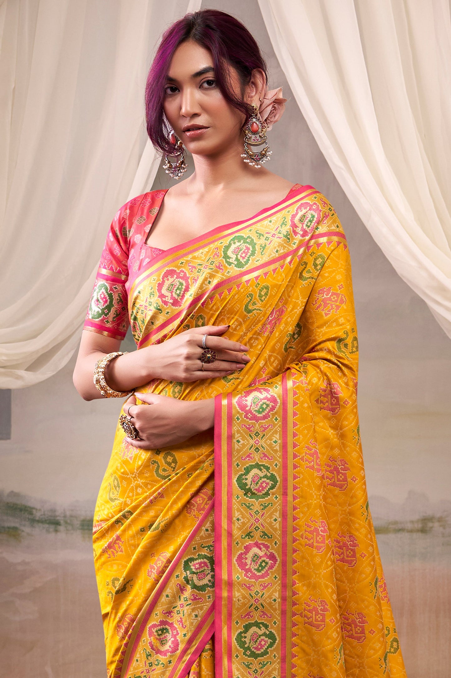 Mustard Yellow Woven Patola Silk Saree-SAR10023_3_SareeButa.com