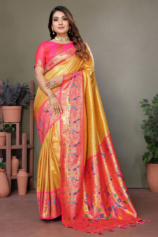 Mustard Yellow Woven Tissue Silk Paithani Saree-ZB134815_1_SareeButa.com