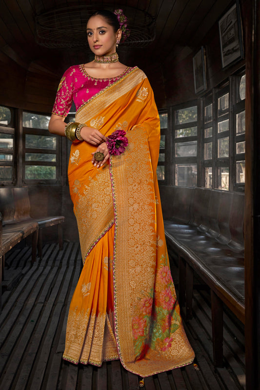 Mustard Yellow Woven Viscose Silk Saree With Lace Border-ZB134662_1_SareeButa.com