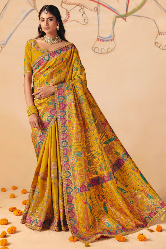 Mustard Yellow Zari Work Dola Silk Saree With Embroidery-SAR12067_1_SareeButa.com