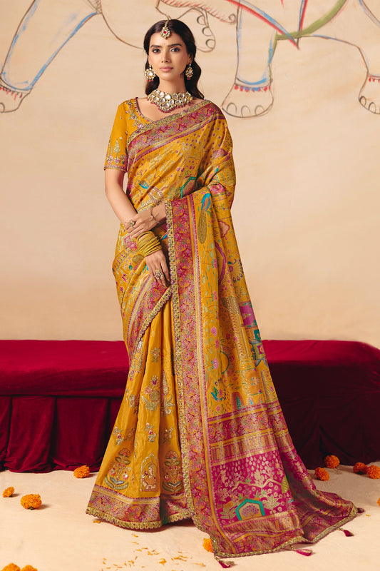 Mustard Yellow Zari Work Dola Silk Saree With Embroidery-SAR12070_1_SareeButa.com