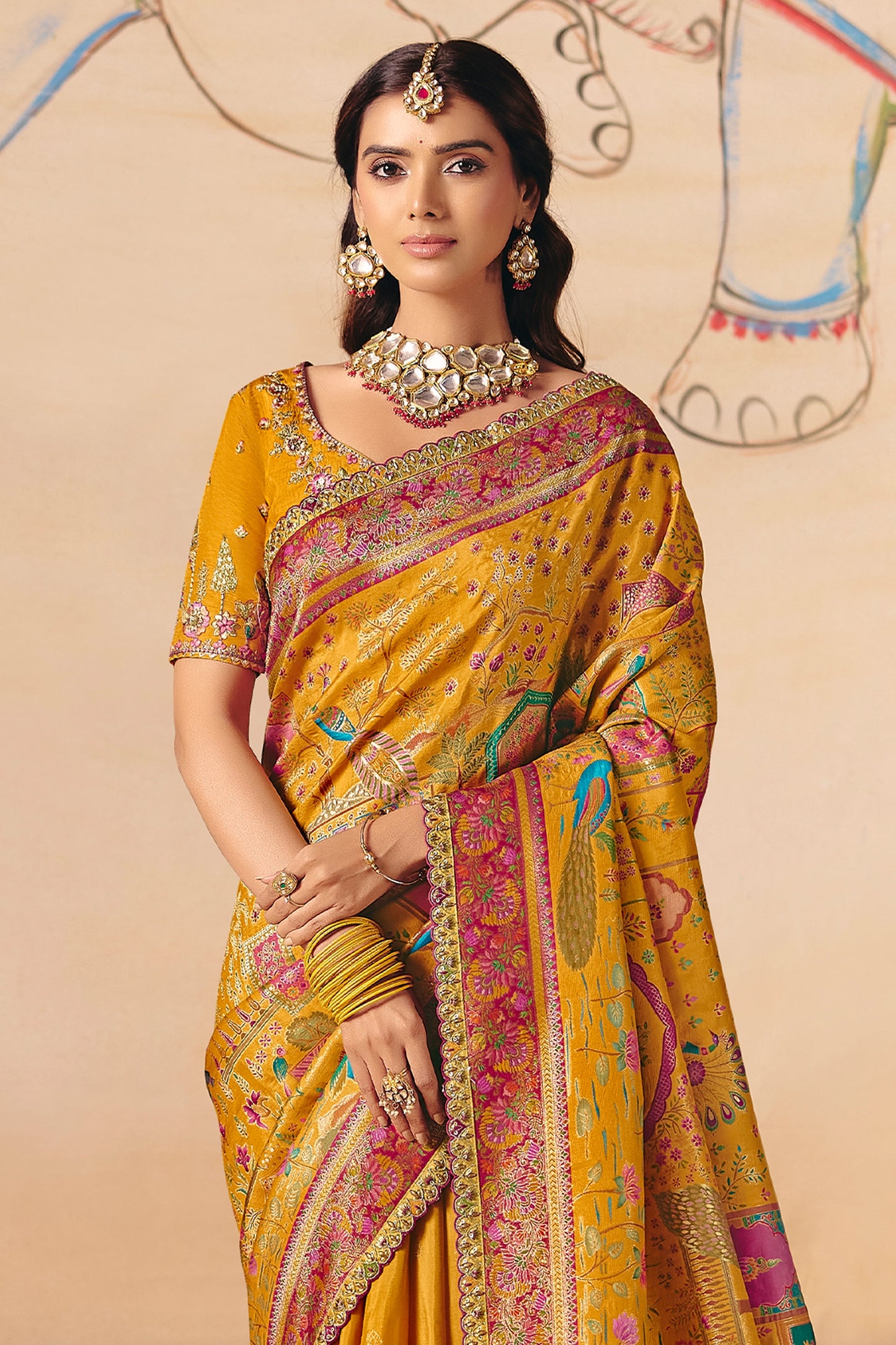 Mustard Yellow Zari Work Dola Silk Saree With Embroidery-SAR12070_3_SareeButa.com