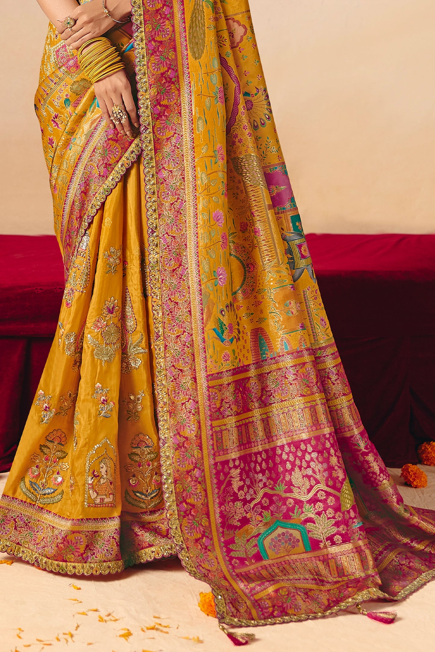 Mustard Yellow Zari Work Dola Silk Saree With Embroidery-SAR12070_4_SareeButa.com