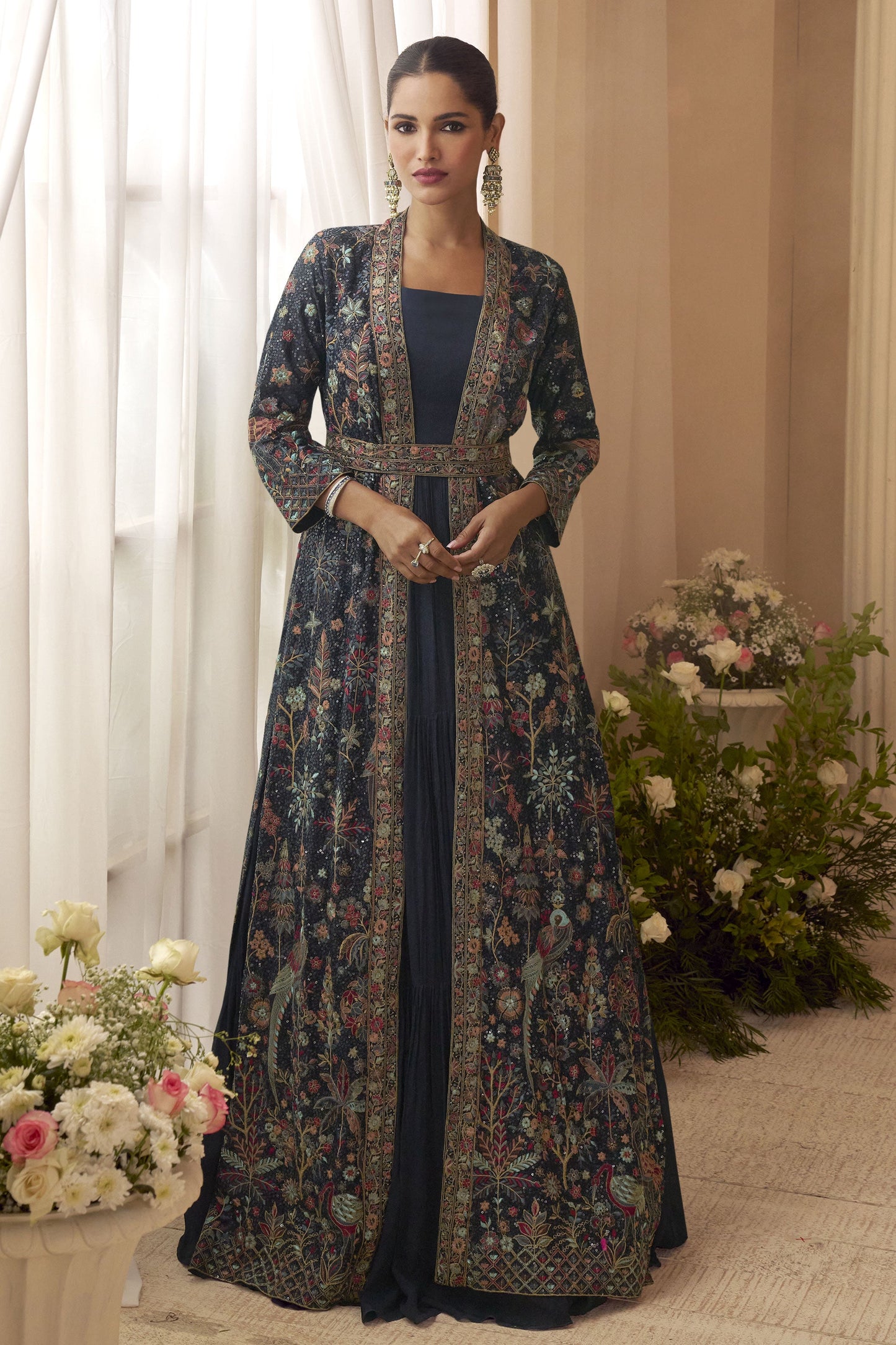 Navy Blue Readymade Chinon Silk Gown with Jacket-SS872_1_SareeButa.com