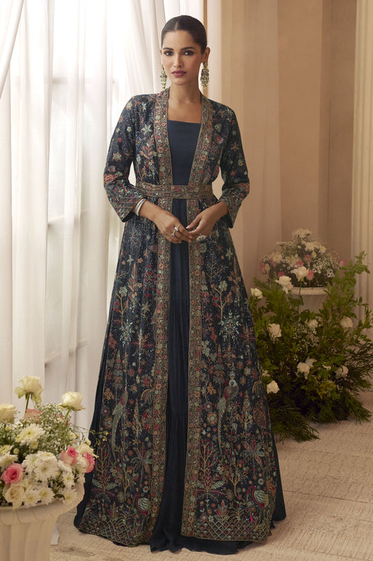 Navy Blue Readymade Chinon Silk Gown with Jacket-SS872_1_SareeButa.com