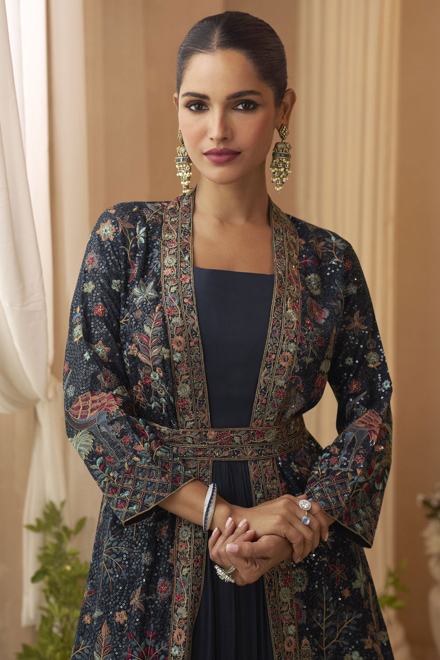 Navy Blue Readymade Chinon Silk Gown with Jacket-SS872_2_SareeButa.com