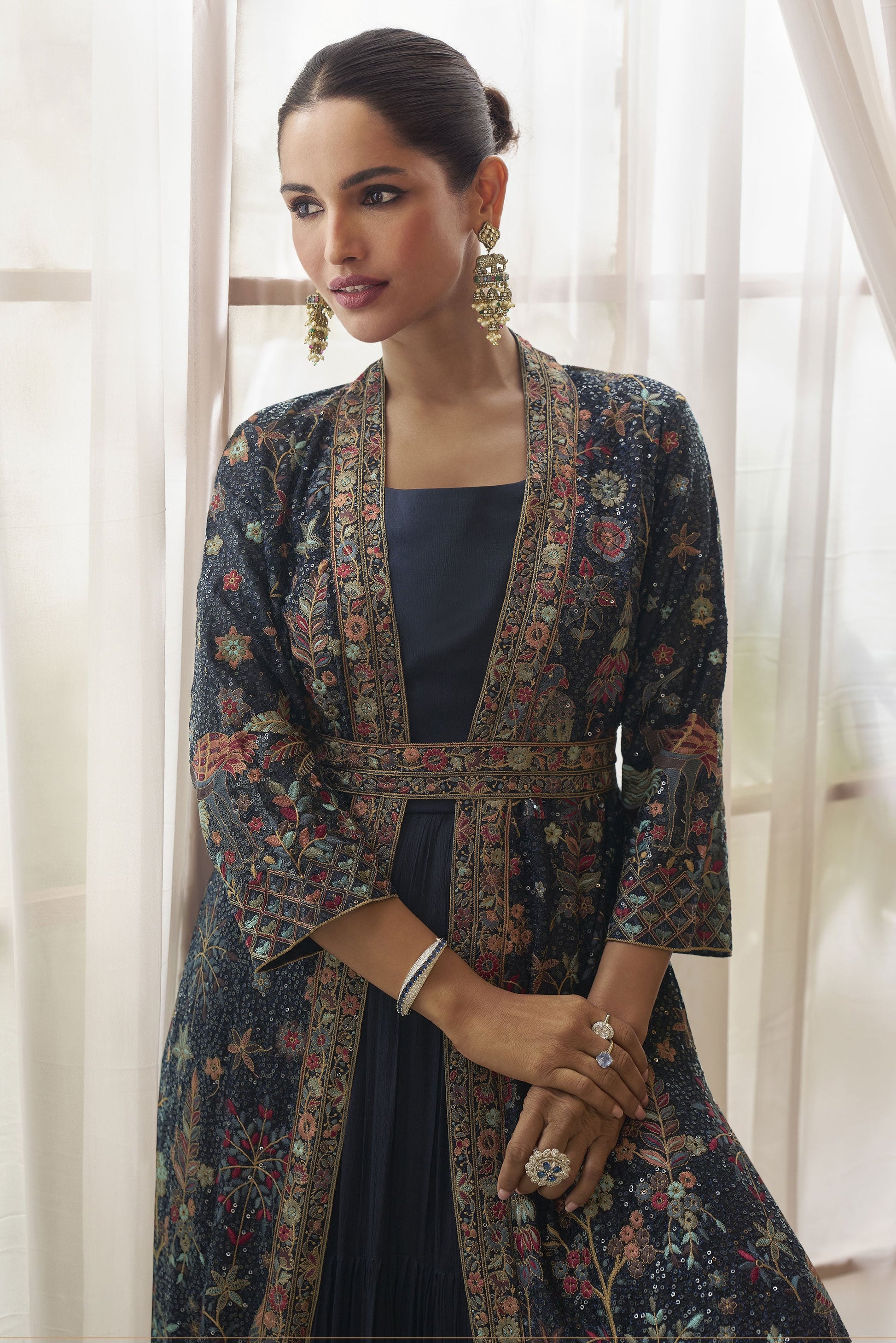 Navy Blue Readymade Chinon Silk Gown with Jacket-SS872_3_SareeButa.com