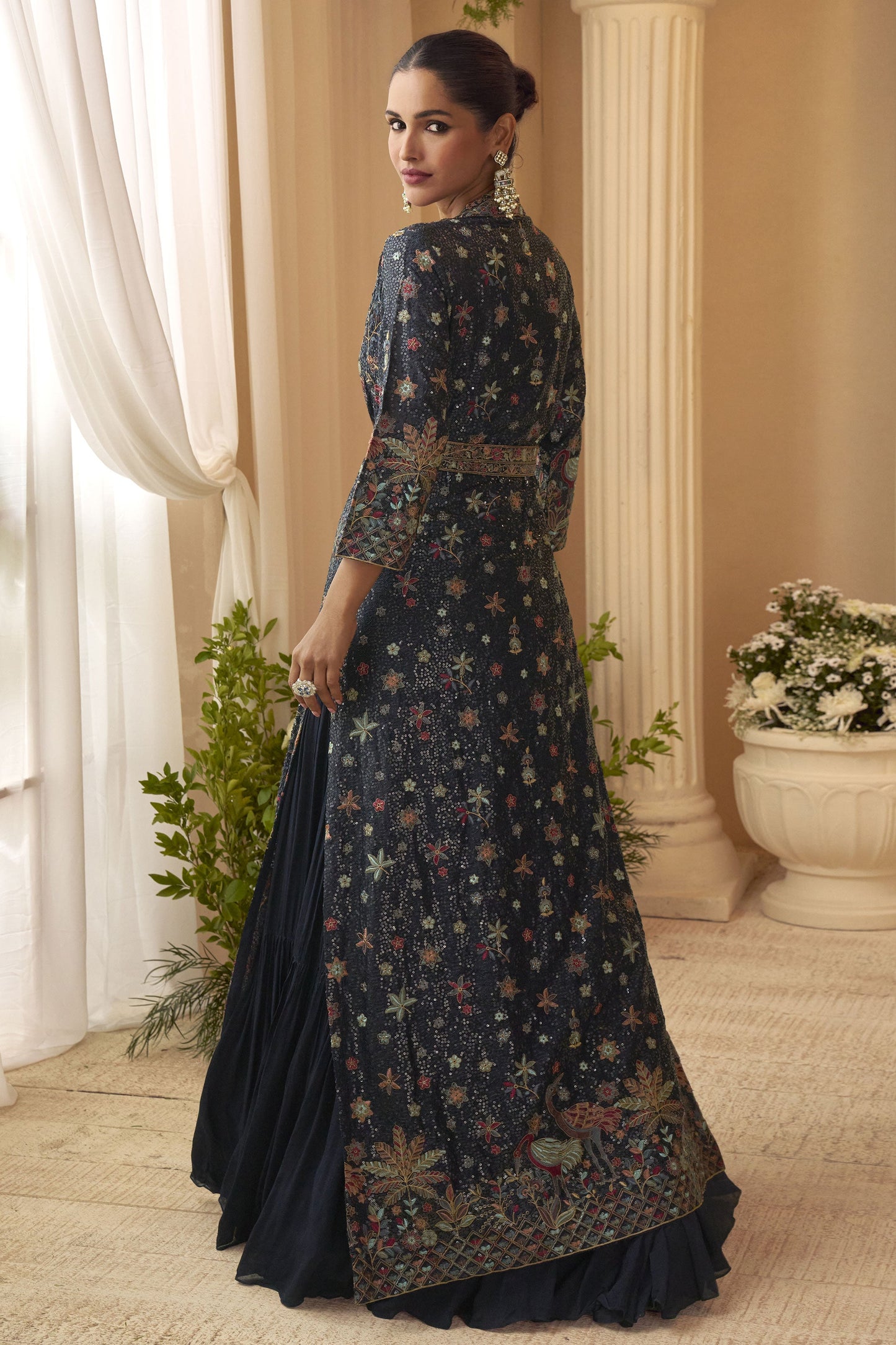 Navy Blue Readymade Chinon Silk Gown with Jacket-SS872_4_SareeButa.com