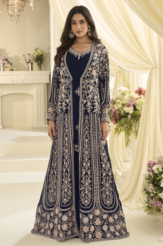 Navy Blue Readymade Chinon Silk Palazzo Set with Jacket-SS1017_1_SareeButa.com