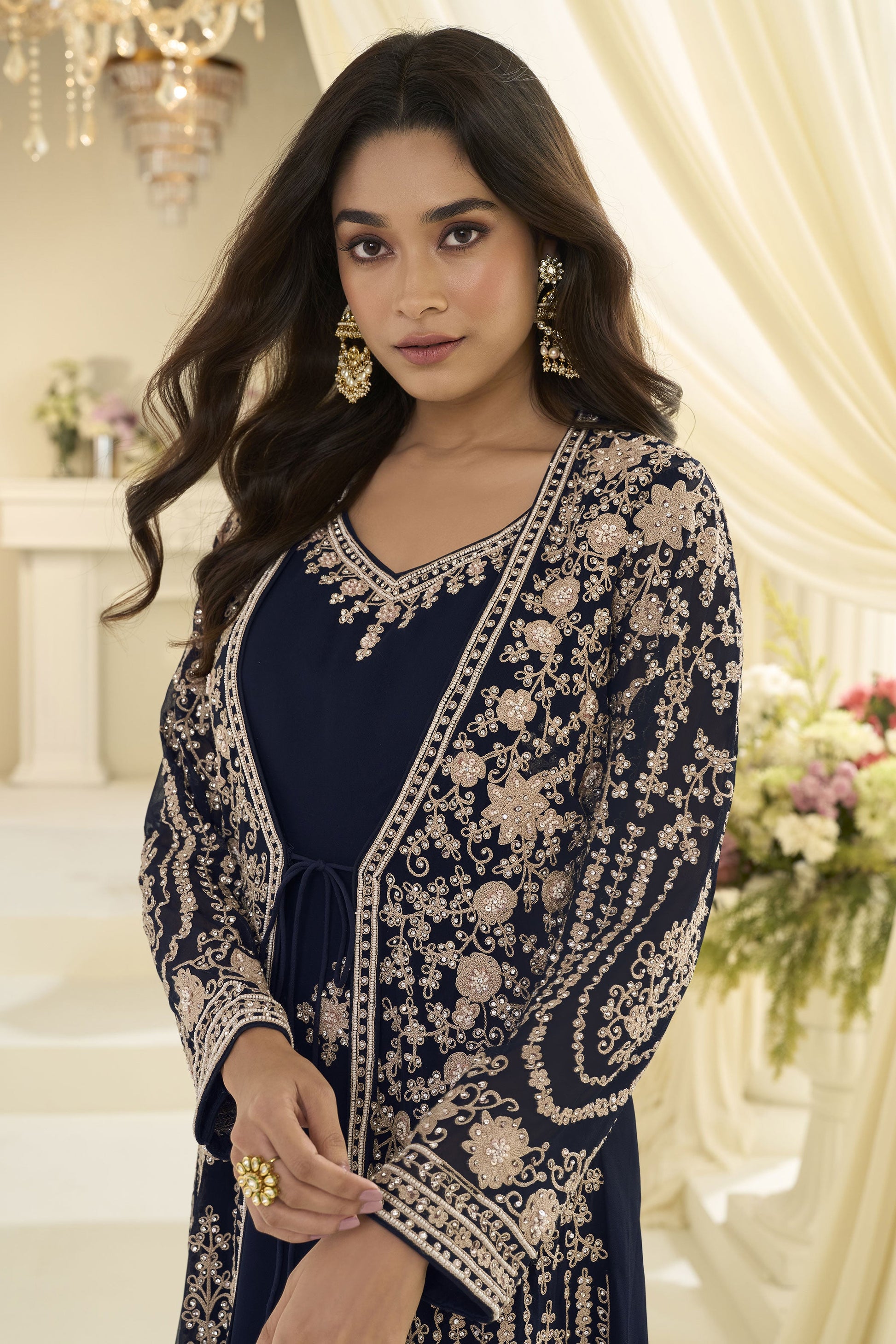 Navy Blue Readymade Chinon Silk Palazzo Set with Jacket-SS1017_2_SareeButa.com