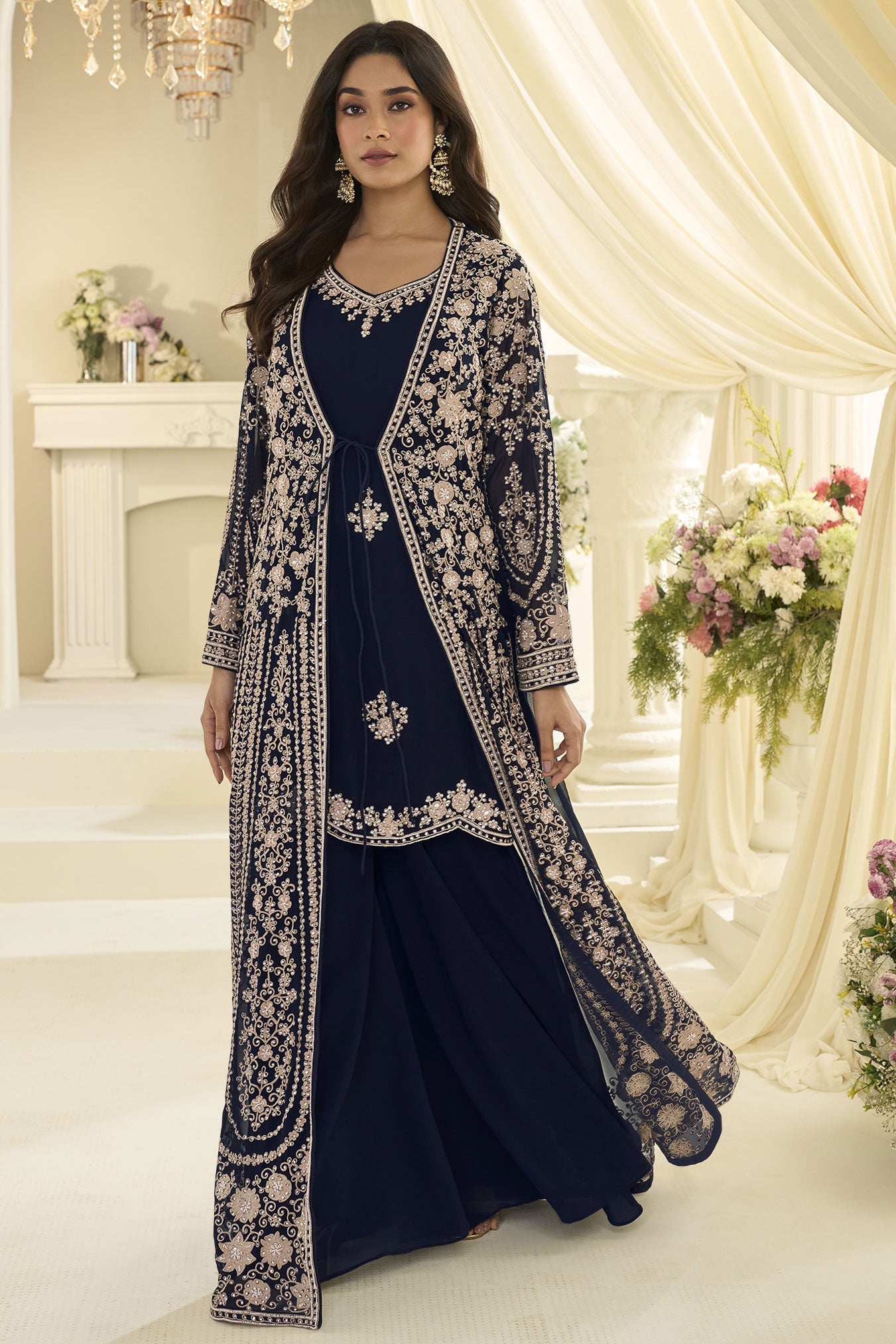 Navy Blue Readymade Chinon Silk Palazzo Set with Jacket-SS1017_4_SareeButa.com