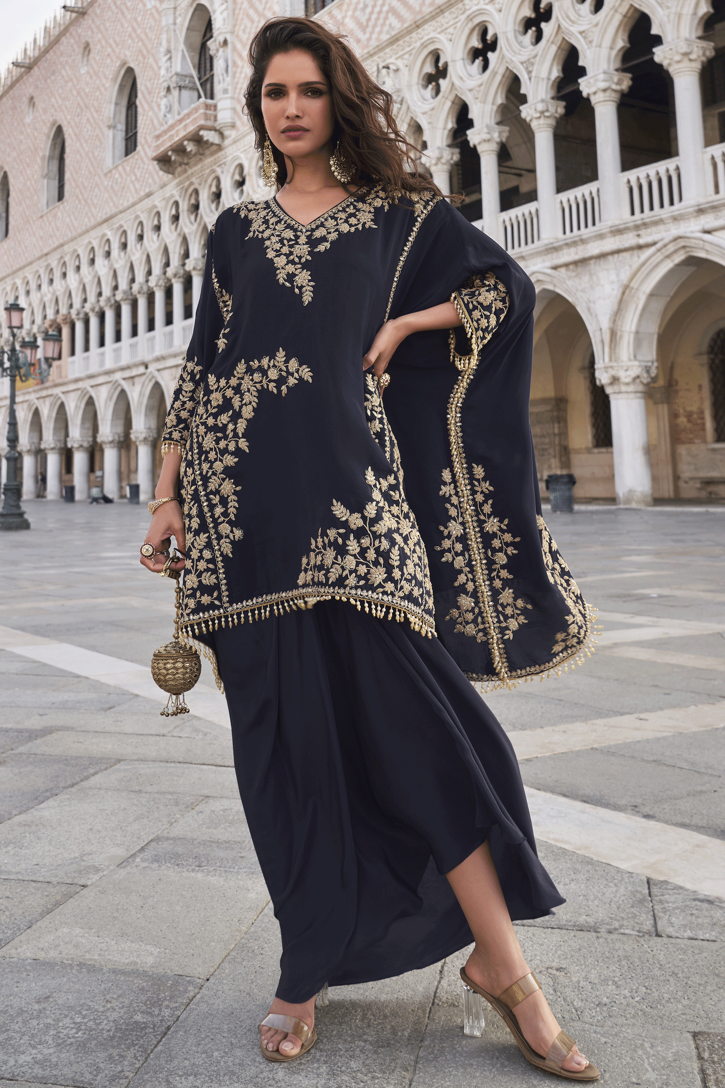 Navy Blue Readymade Crepe Kaftan Skirt Set-SS862_1_SareeButa.com