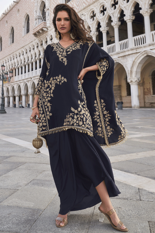 Navy Blue Readymade Crepe Kaftan Skirt Set-SS862_1_SareeButa.com