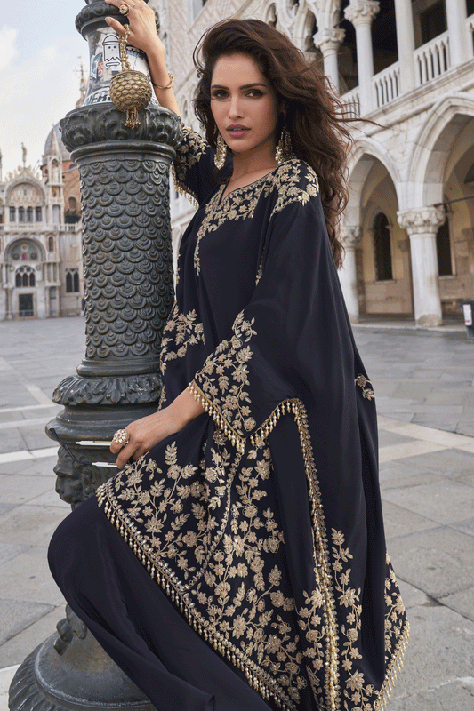 Navy Blue Readymade Crepe Kaftan Skirt Set-SS862_2_SareeButa.com