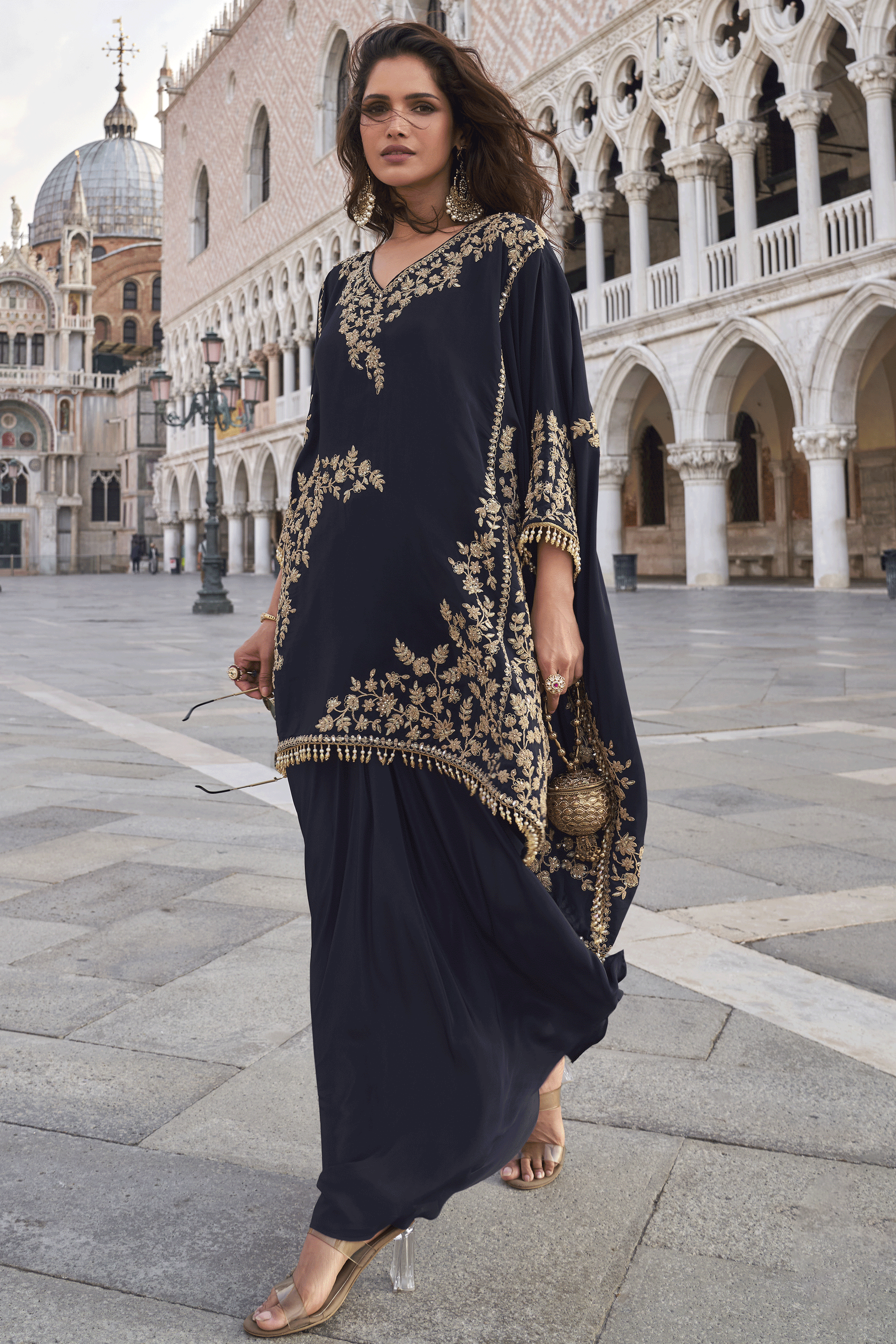 Navy Blue Readymade Crepe Kaftan Skirt Set-SS862_3_SareeButa.com