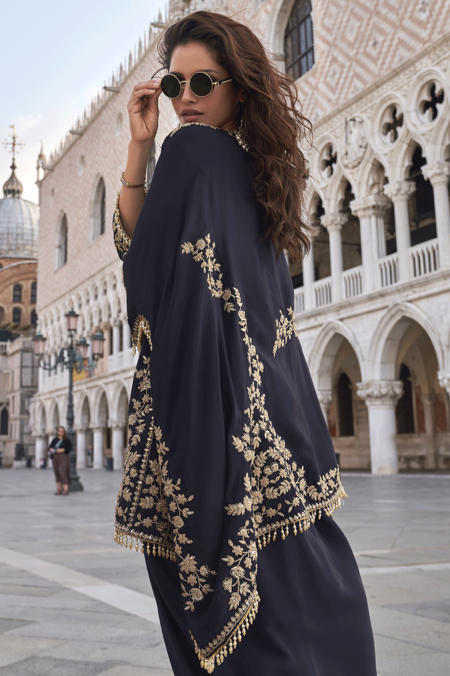 Navy Blue Readymade Crepe Kaftan Skirt Set-SS862_4_SareeButa.com