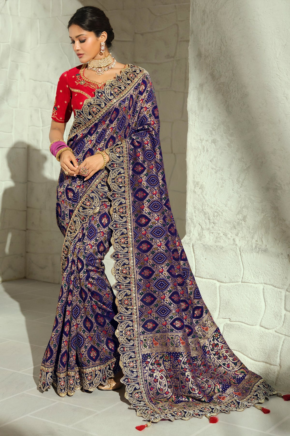 Navy Blue Embroidered Georgette Bandhej Saree-SAR13396_1_SareeButa.com