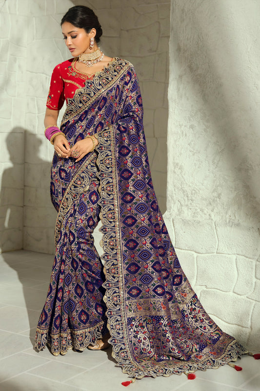 Navy Blue Embroidered Georgette Bandhej Saree-SAR13396_1_SareeButa.com