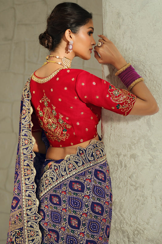 Navy Blue Embroidered Georgette Bandhej Saree-SAR13396_2_SareeButa.com