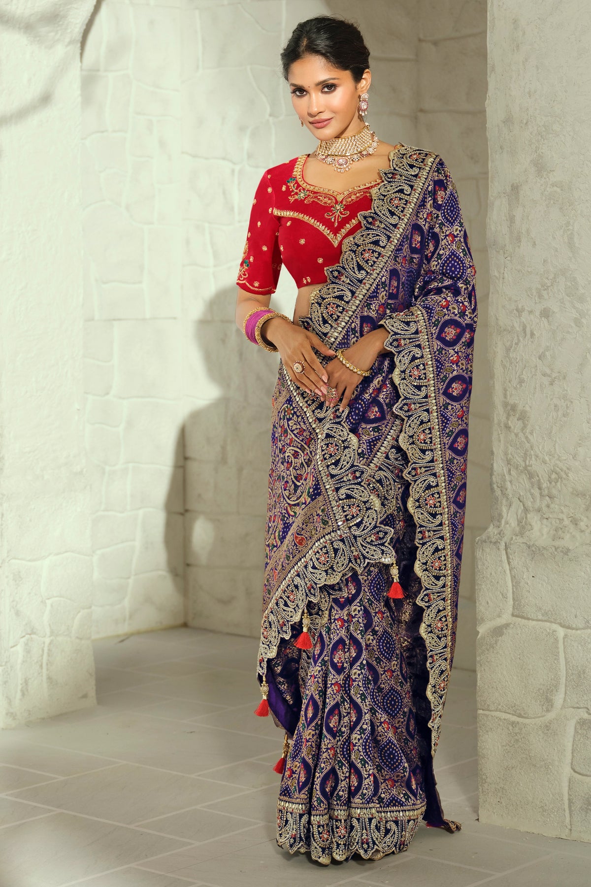 Navy Blue Embroidered Georgette Bandhej Saree-SAR13396_3_SareeButa.com